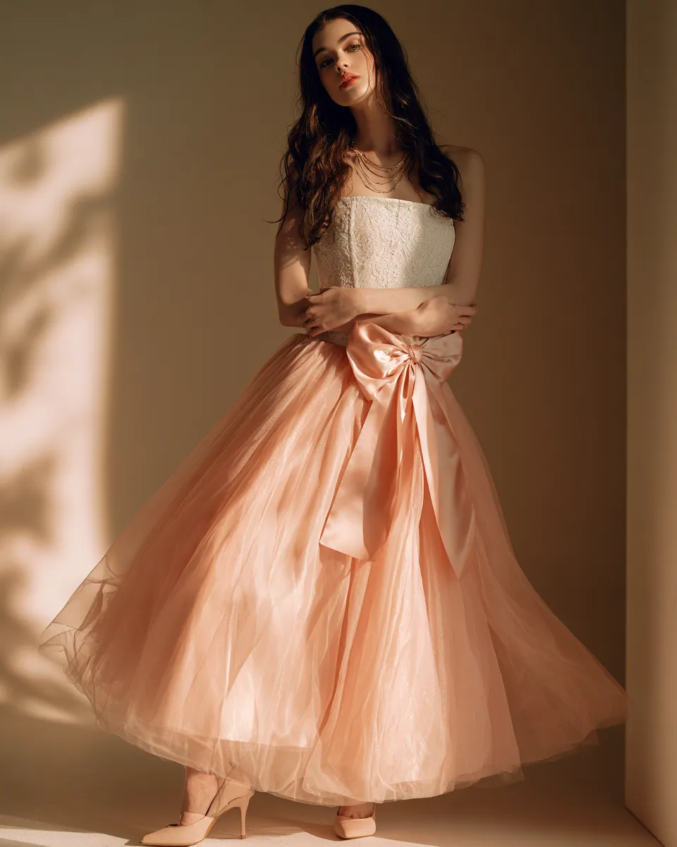 evening coquette aesthetic look lace corset pink skirt kitten heels standing editorial