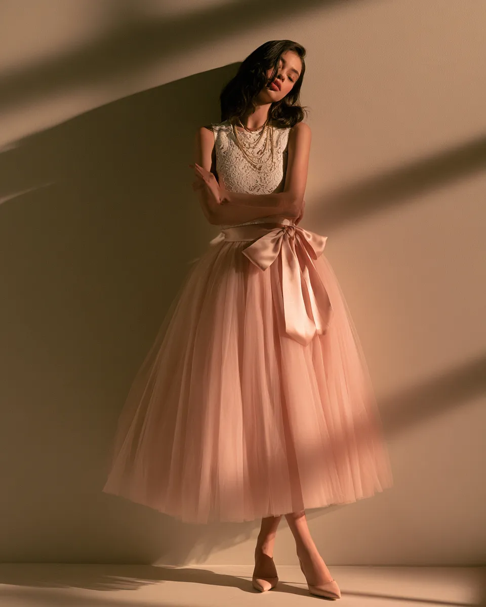 coquette outfits for going out white lace corset blush tulle skirt layered necklace