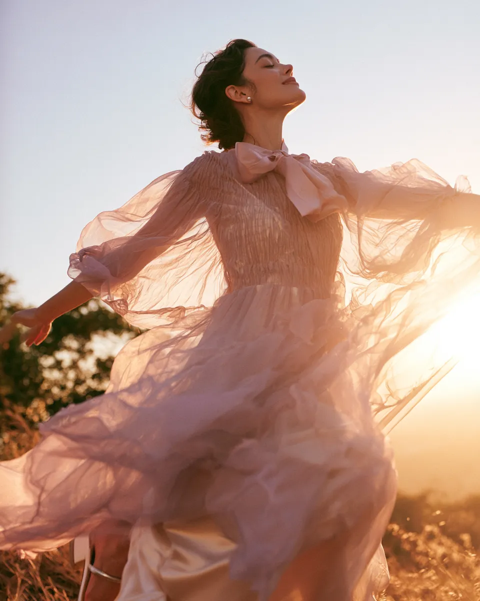 coquette aesthetic summer look chiffon layered midi dress bow detail strappy flats editorial