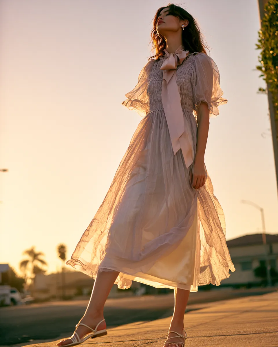 summer coquette aesthetic outfits lavender chiffon dress satin slip bow neckline white sandals
