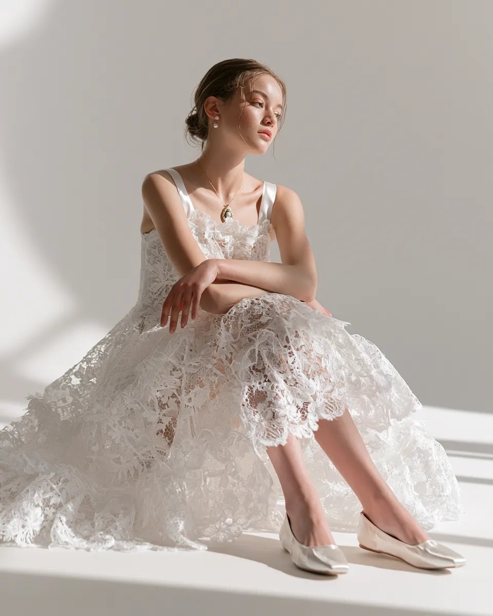 romantic coquette aesthetic lace midi dress flared silhouette pearl earrings ballet flats
