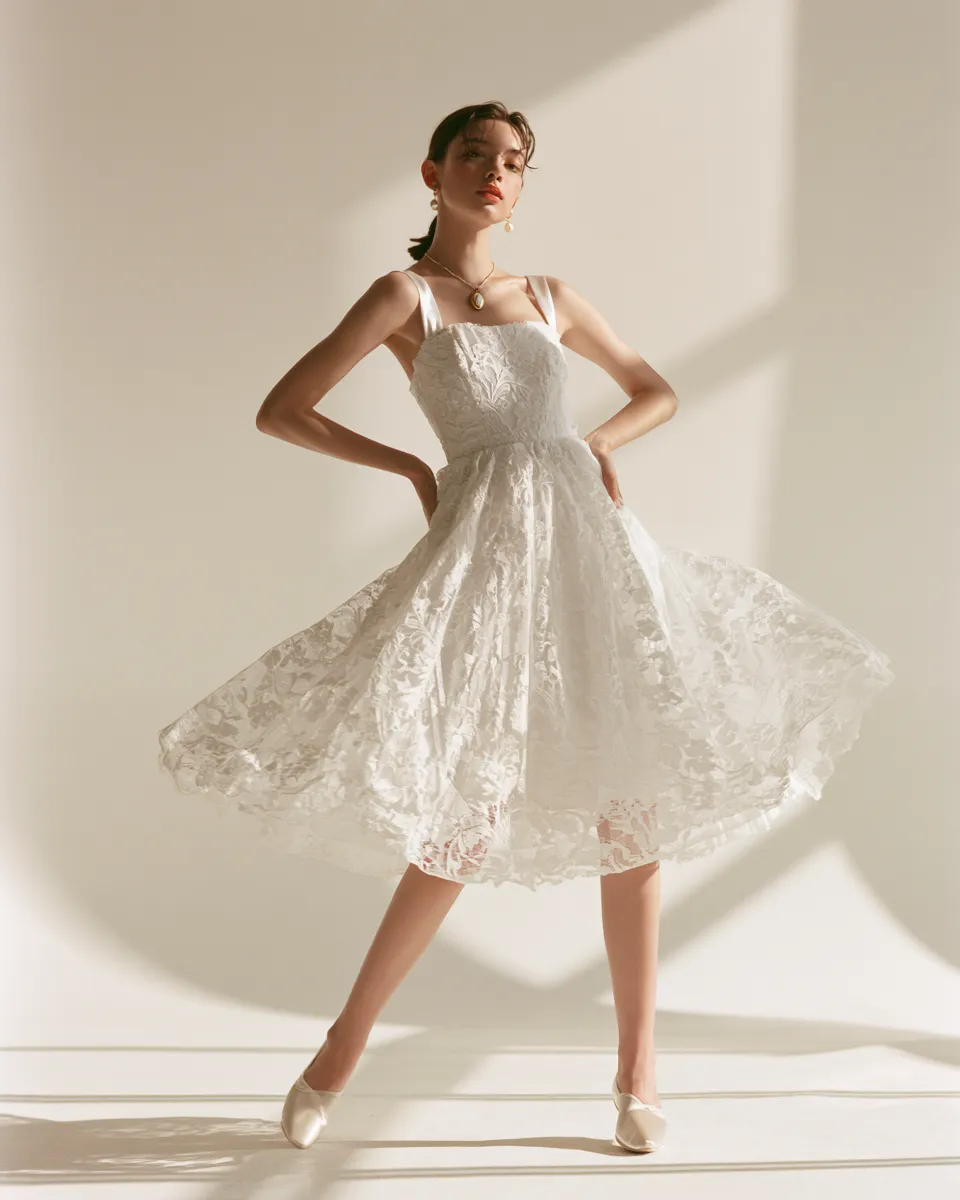 coquette aesthetic outfits white lace midi dress pearl earrings ballet flats gold locket