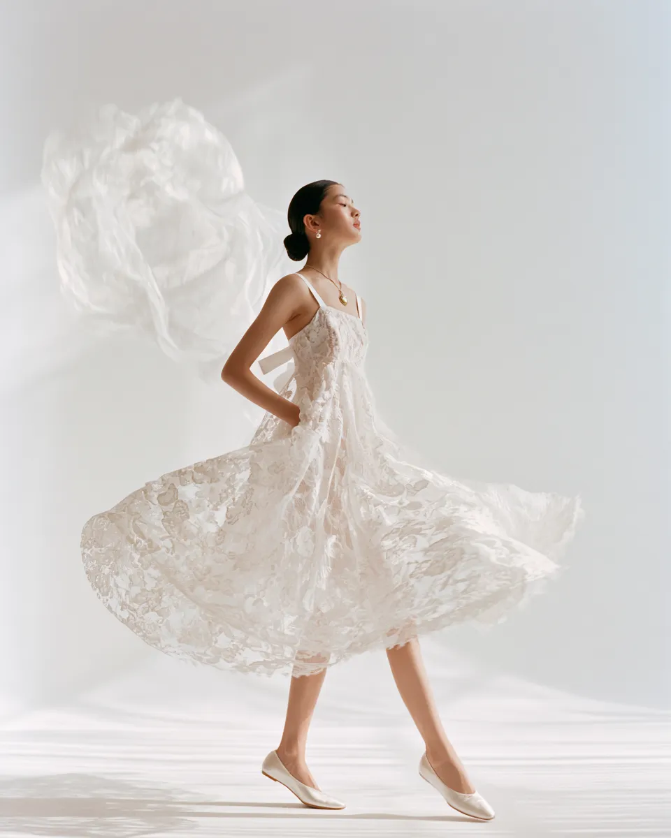 lace coquette outfit ideas white lace flared midi dress ivory flats romantic editorial