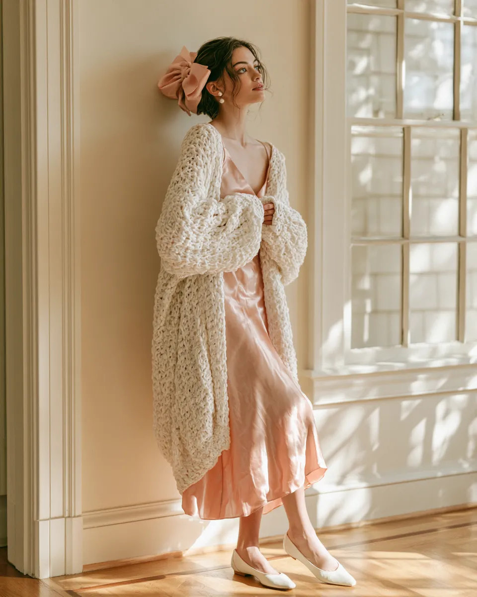 casual coquette outfit ideas satin slip dress oversized cardigan hair bow ballet flats