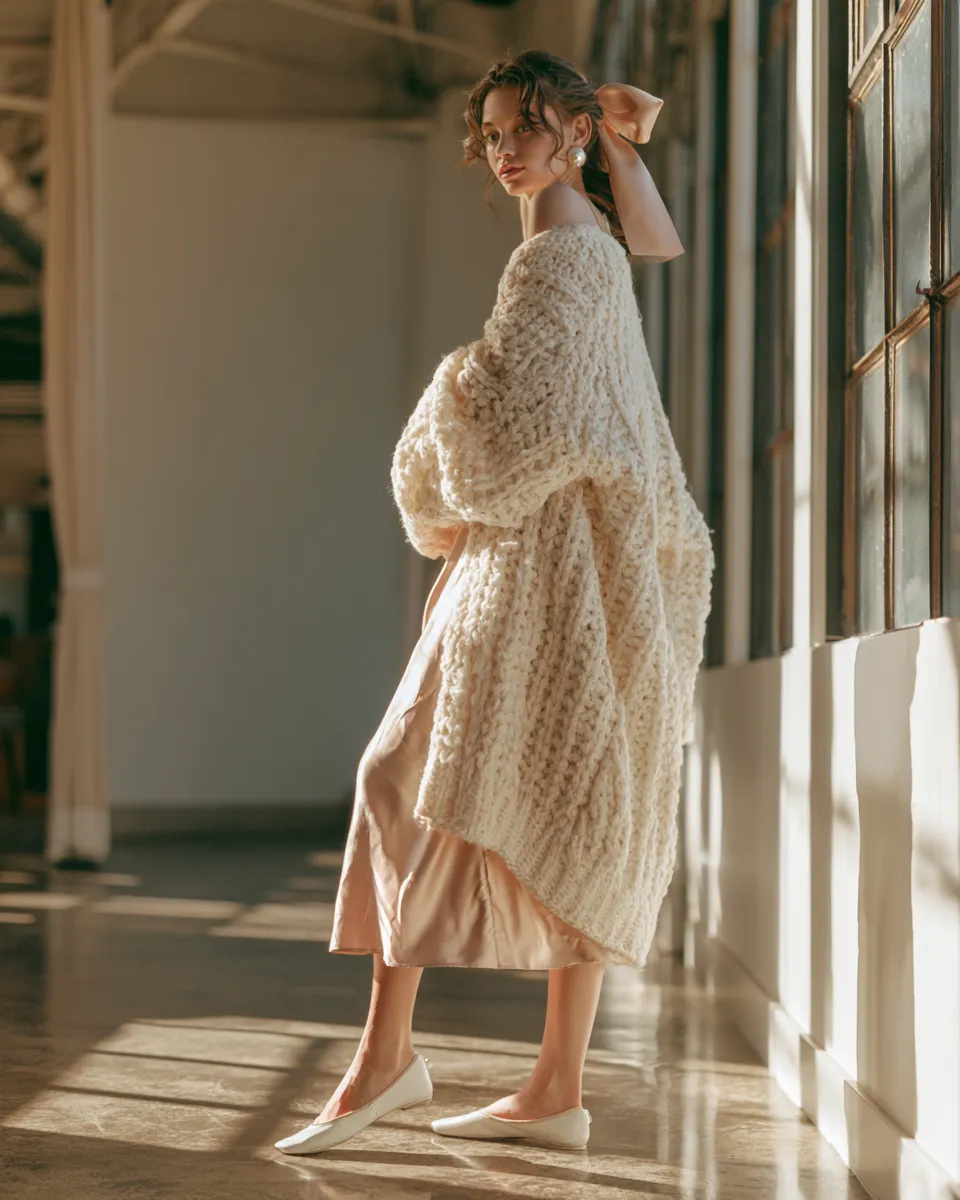 coquette aesthetic everyday look slip midi dress knit cardigan pearl earrings bow