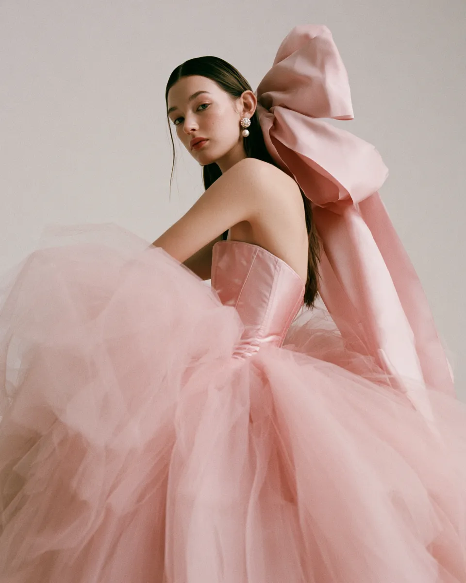 coquette aesthetic fashion outfit pink corset bow tulle skirt standing model