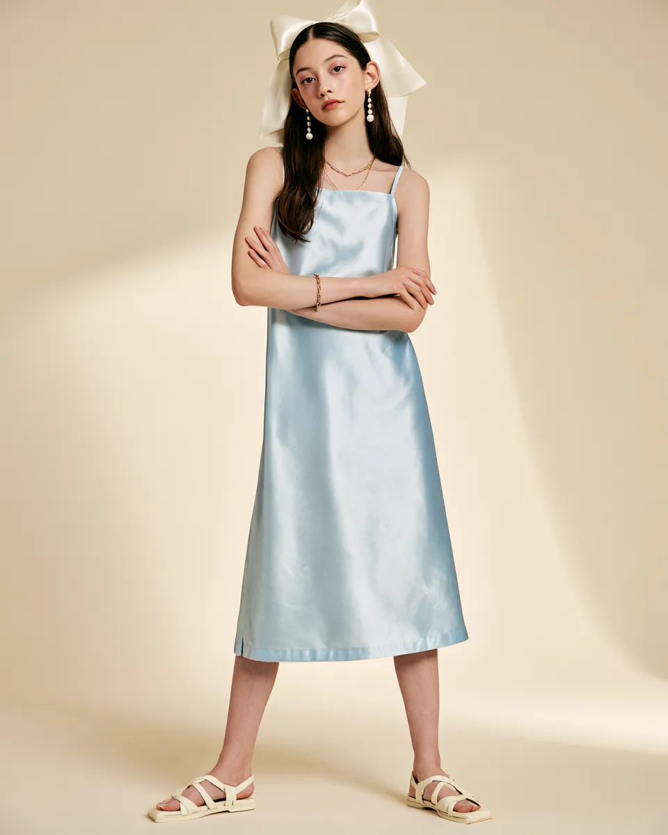 how to style coquette aesthetic outfits satin slip dress pearls hair bow standing