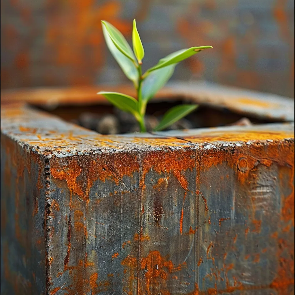 Rust-patina corten planter material close-up showing natural oxidation texture in garden setting
