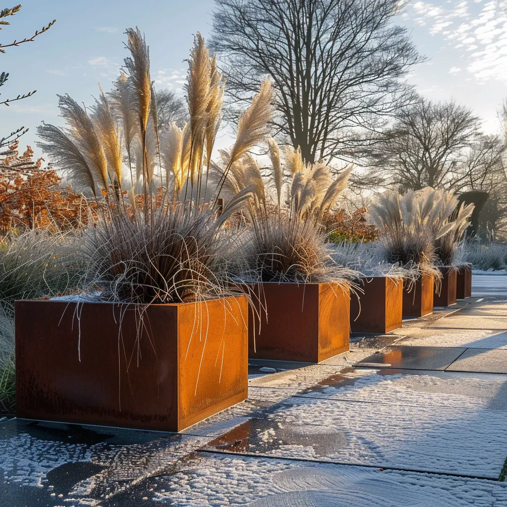 Sequence of weathering steel garden planters along boundary wall with ornamental grass in winter light