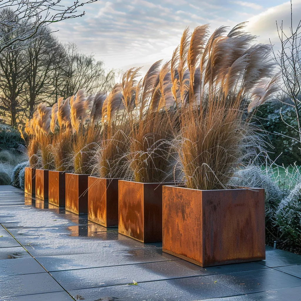 Contemporary garden corten steel planter composition showing rhythmic repetition along garden boundary