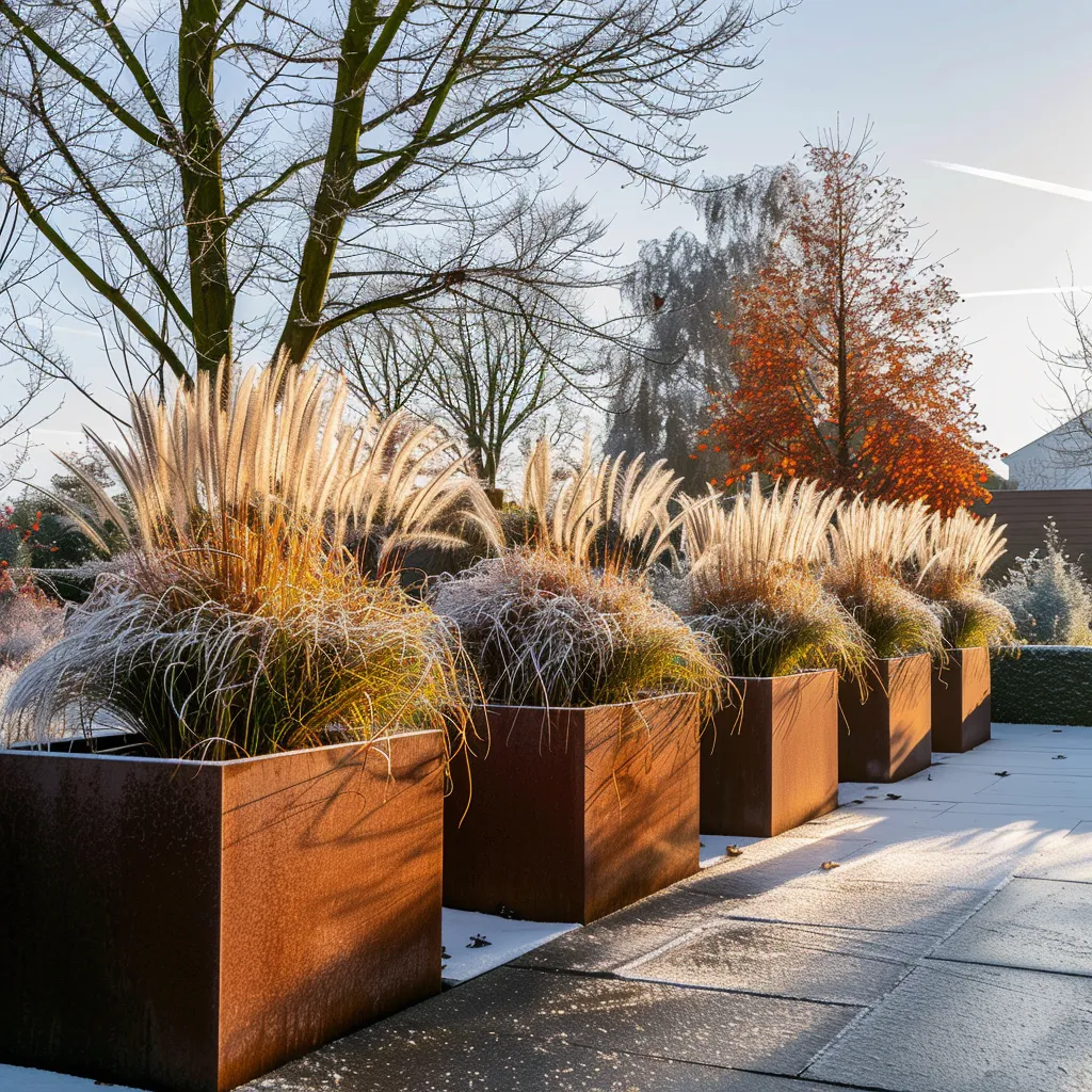 Modern garden design with five matching corten steel planters and Miscanthus silver plumes in frost