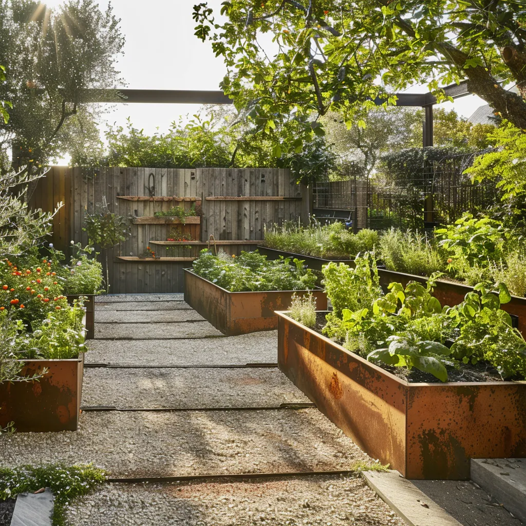 Contemporary kitchen garden using weathering steel raised beds with herbs and vegetables at 60cm working height