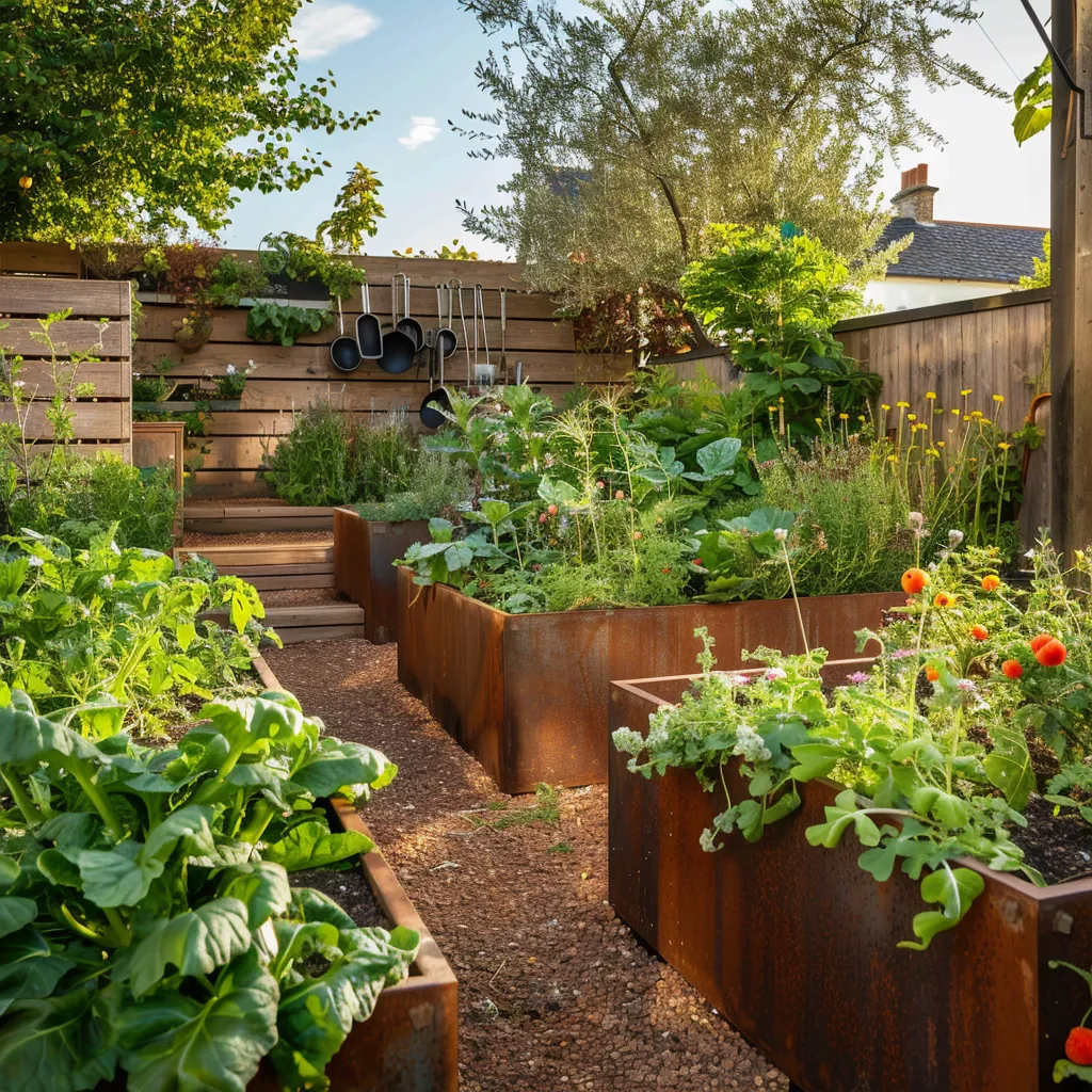 Rust-patina corten raised bed garden design with lush productive planting and morning garden light