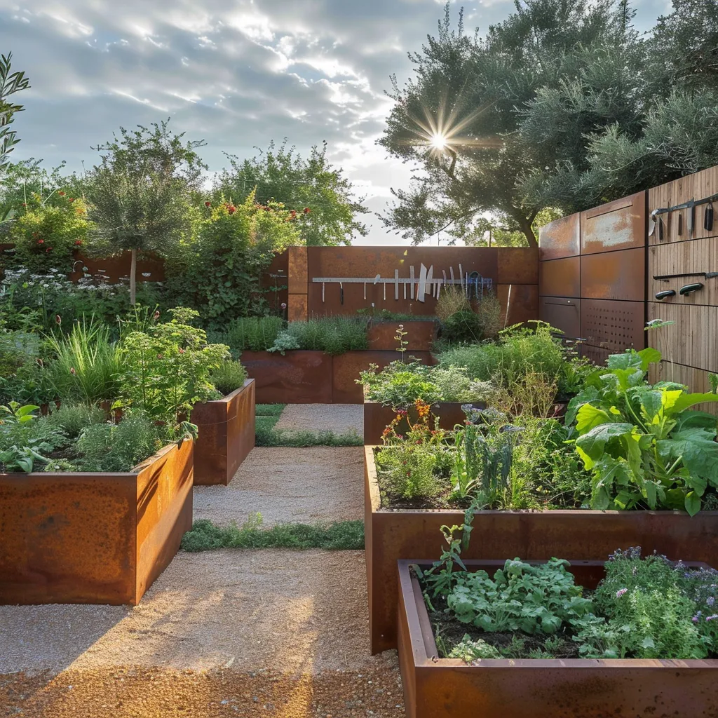 Modern vegetable garden design with corten steel planter raised beds and gravel paths in residential setting