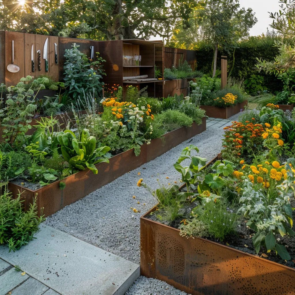 Corten steel raised bed garden design ideas with mixed vegetable planting and decomposed granite paths