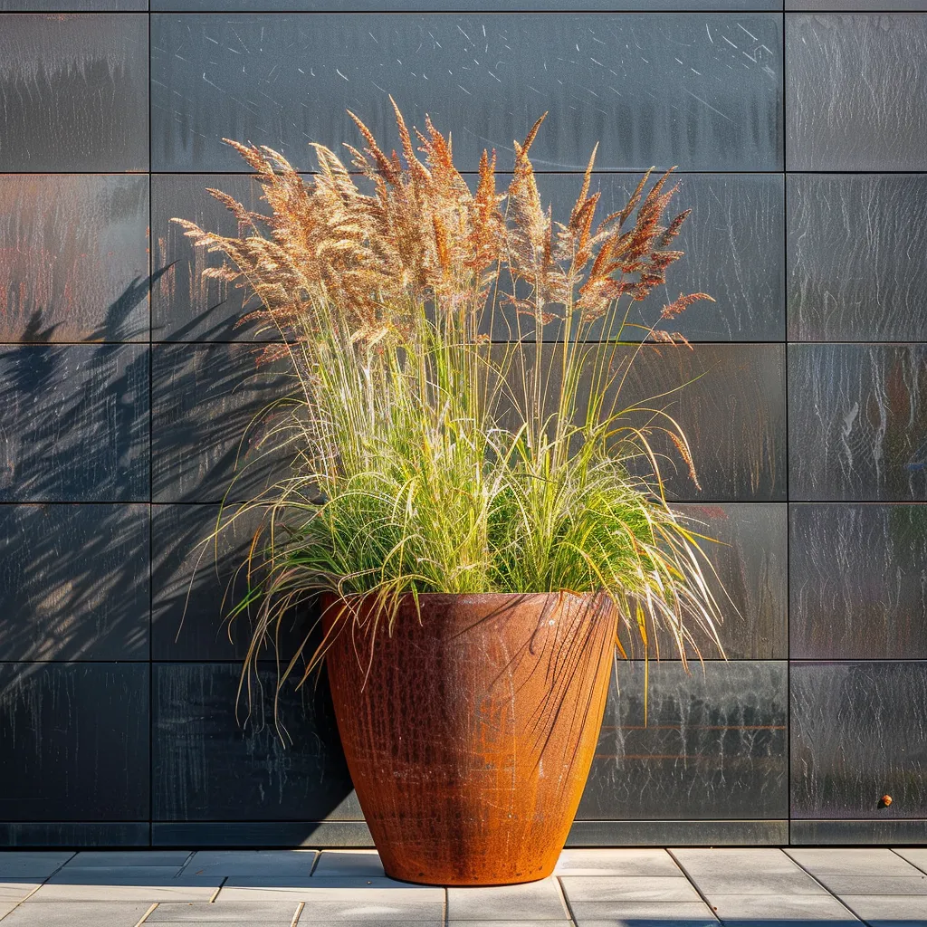 Corten steel planter ideas for contemporary garden design with tall ornamental grass against dark render wall