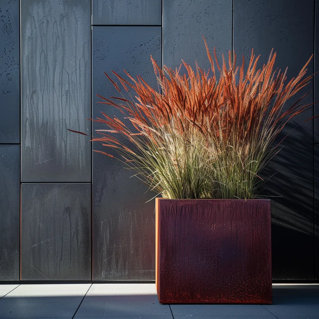 Large weathering steel garden planter with ornamental grass in a modern outdoor design setting