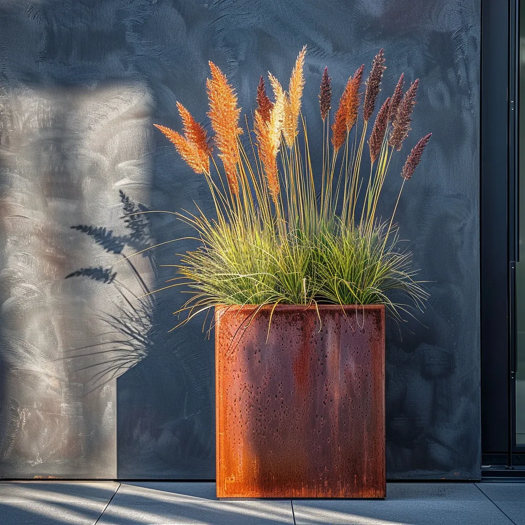 Bold rust-patina corten planter as a garden design focal point with structural grass planting