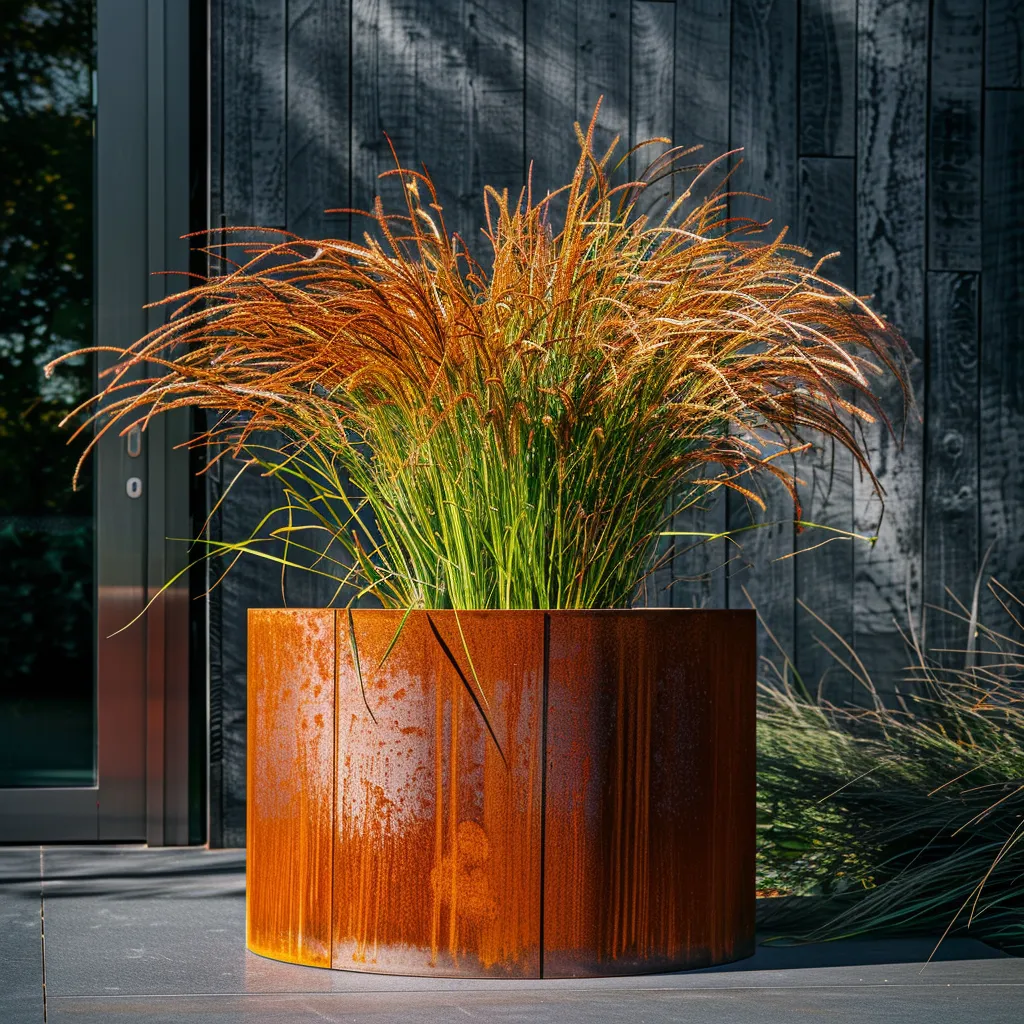 Architectural garden corten steel container with dramatic grass specimen in afternoon light