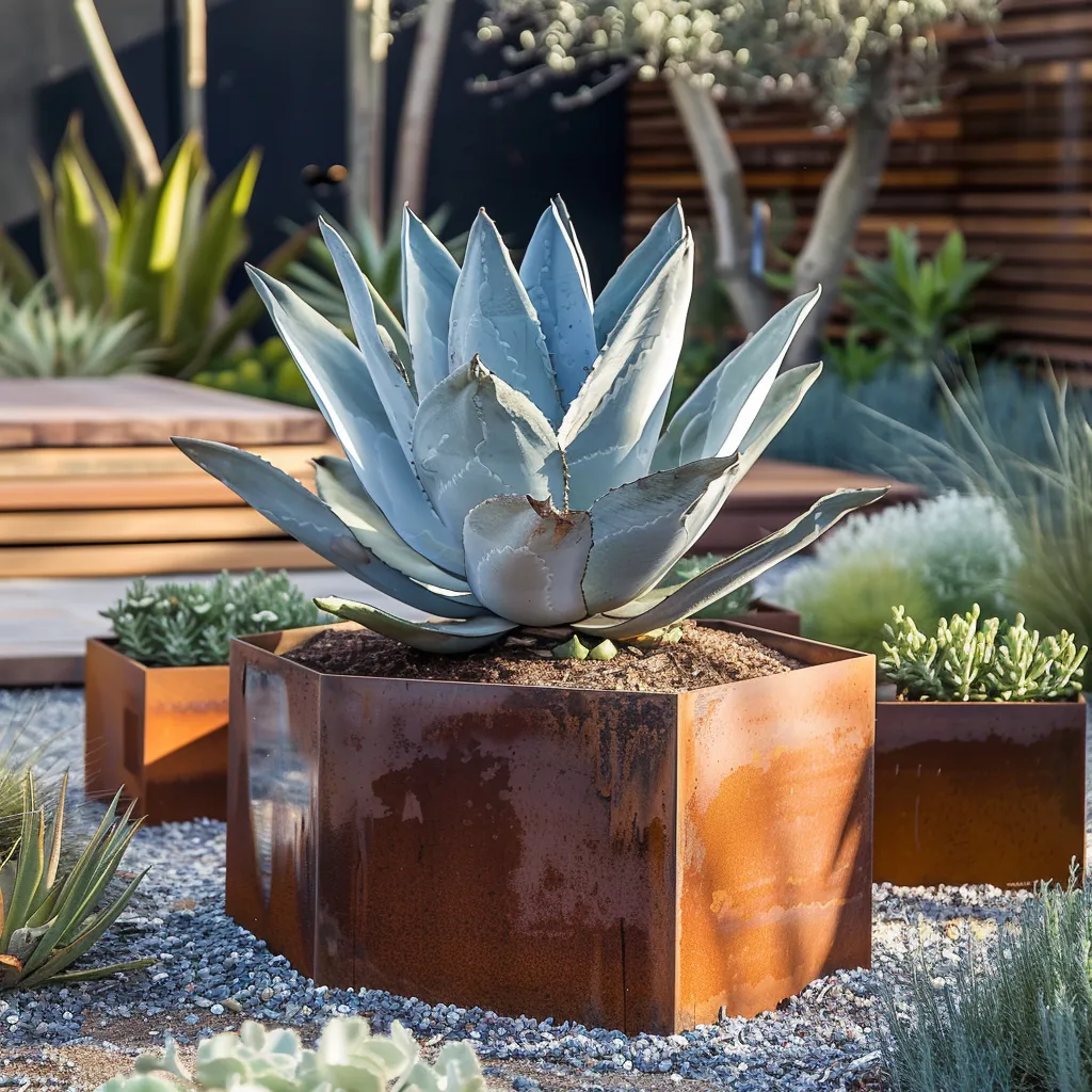 Corten steel planter garden design with bold Agave specimen in drum format and silver Festuca groundcover pots