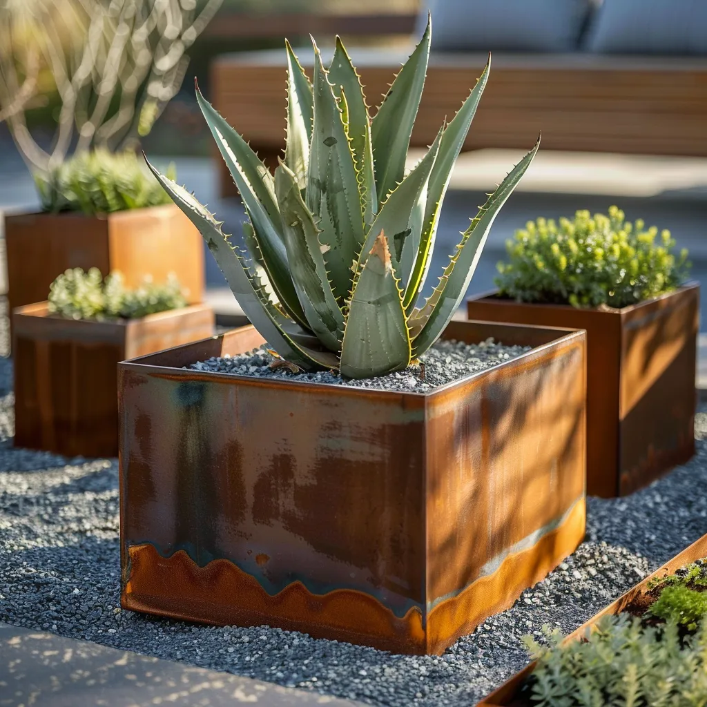 Weathering steel garden container with structural Agave parryi planting and gravel setting