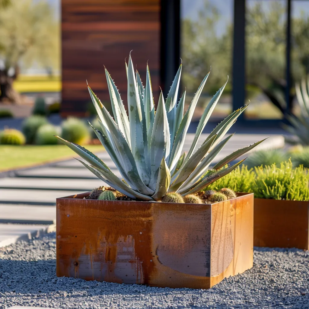 Rust-patina corten drum planter with architectural agave and Festuca companion plants for minimalist garden