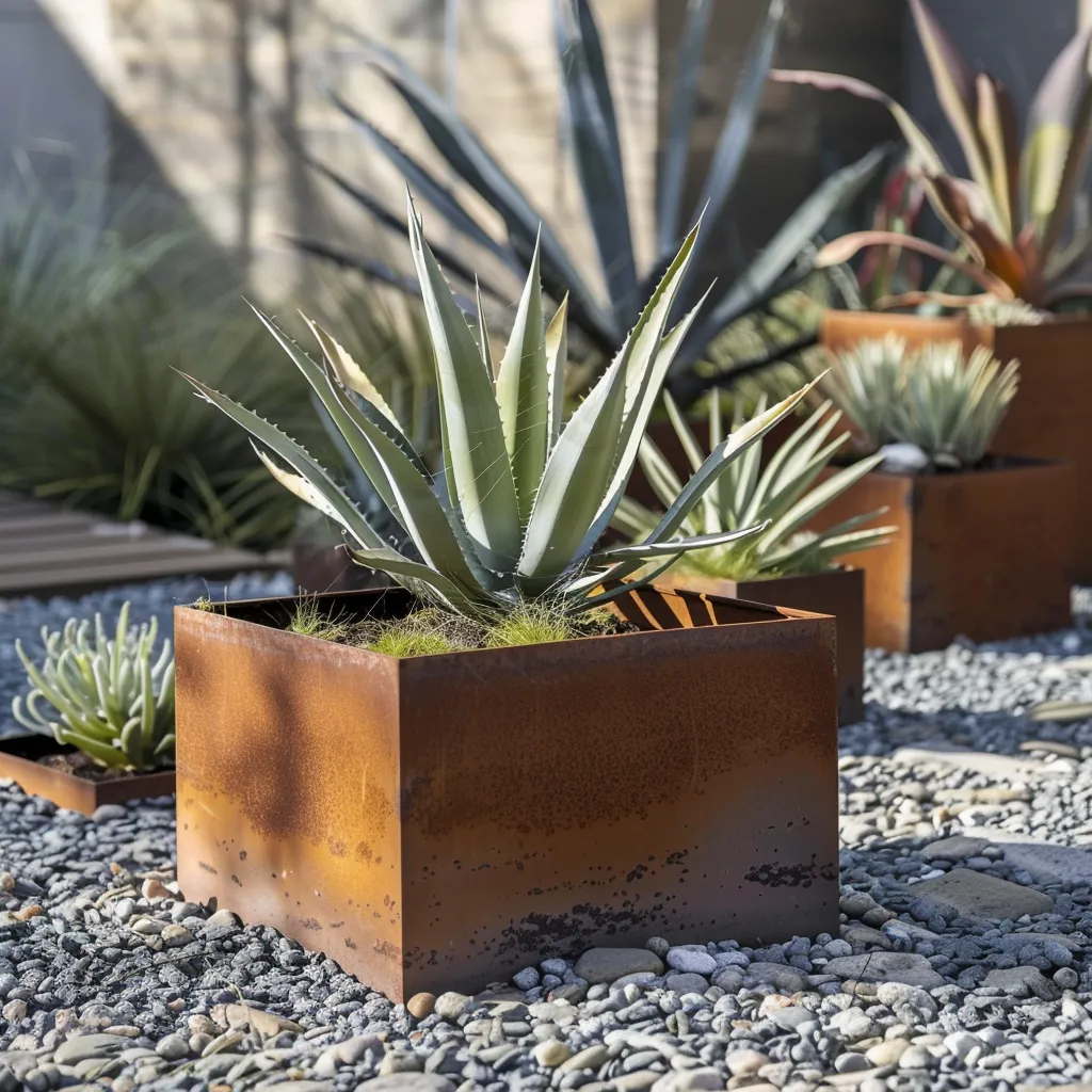 Contemporary garden design corten steel planter ideas with Agave focal specimen and silver grass in matching containers