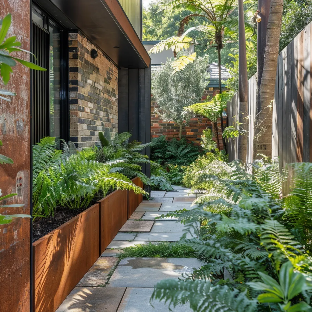 Corten steel wall planter ideas for small urban garden design with ferns and dark groundcover in narrow side space