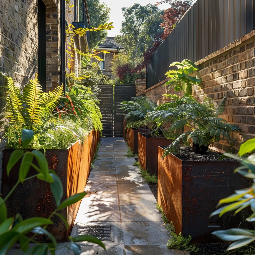 Wall-mounted weathering steel garden planters in a narrow urban courtyard with shade-tolerant planting