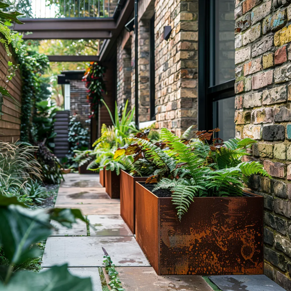 Urban garden design with corten steel trough planters at multiple wall heights and Ophiopogon planting
