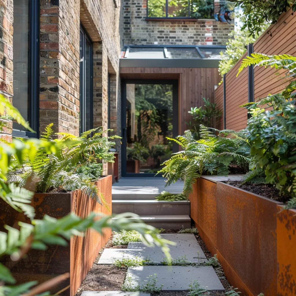 Small garden corten steel planter ideas for wall-mounted vertical planting in a shaded urban space