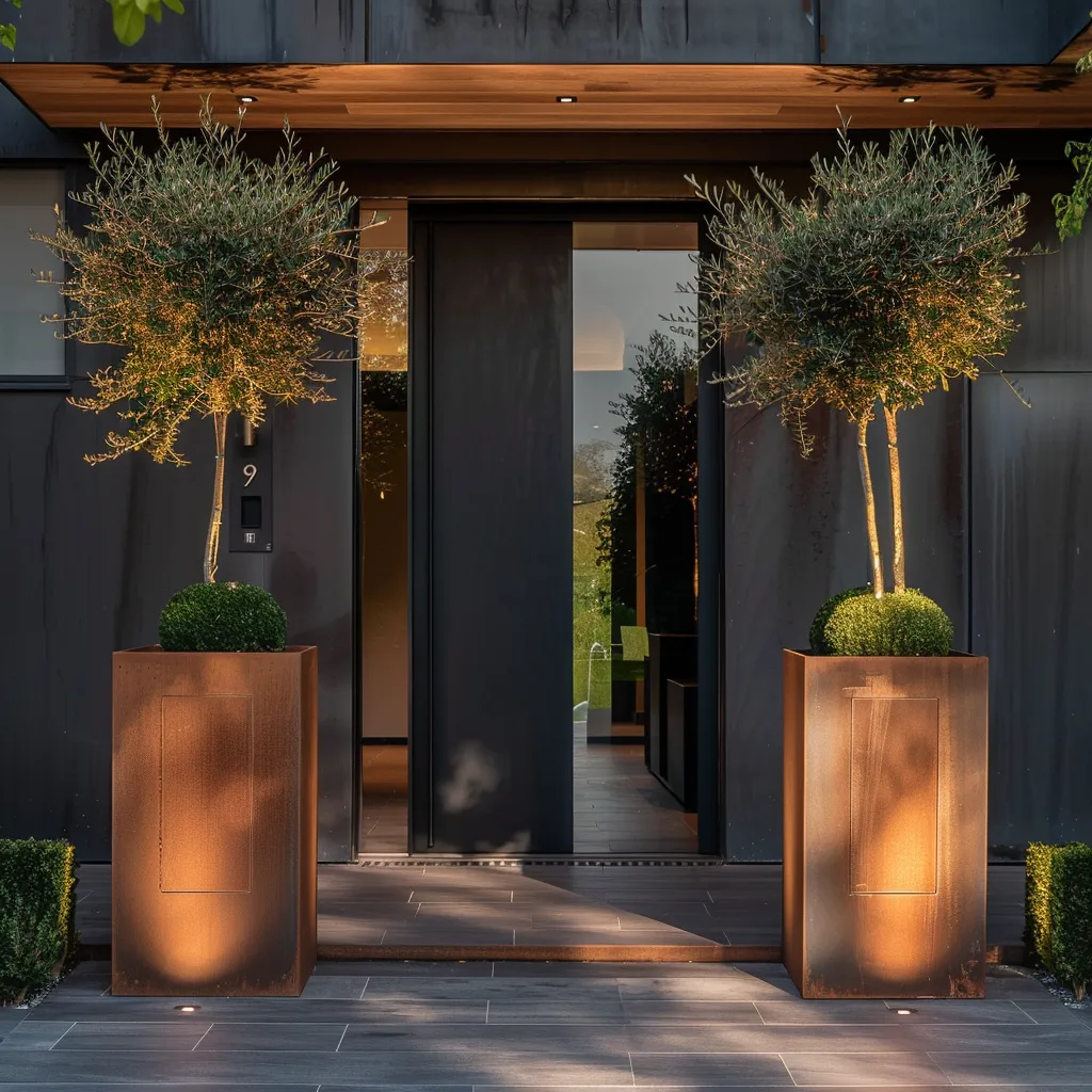 Architectural front entrance garden using corten steel planters as sculptural flanking elements with topiary