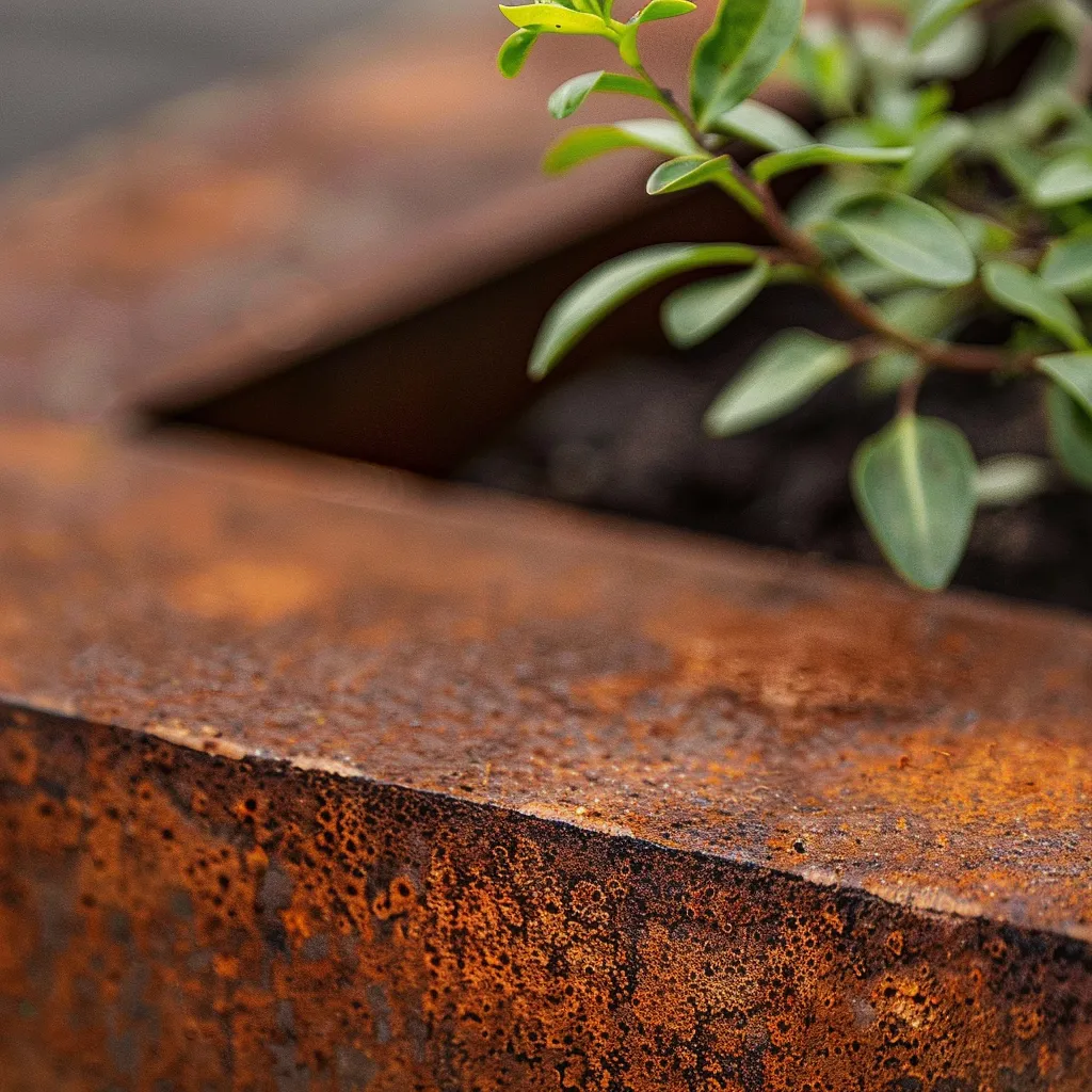 Detail view of corten garden planter finish with deep sienna and amber surface tones and emerging plant