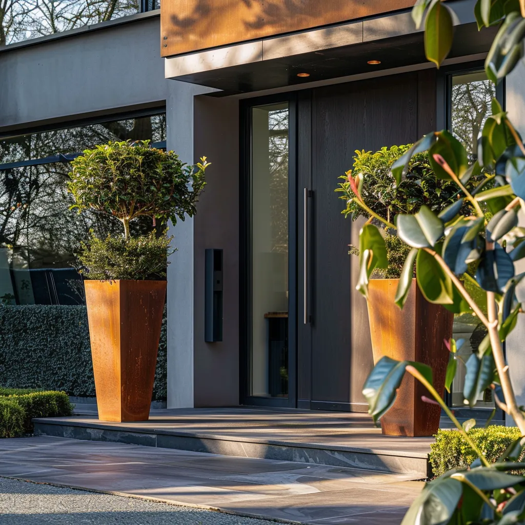 Corten steel planter ideas for entrance garden design with flanking column planters and clipped standard bay trees