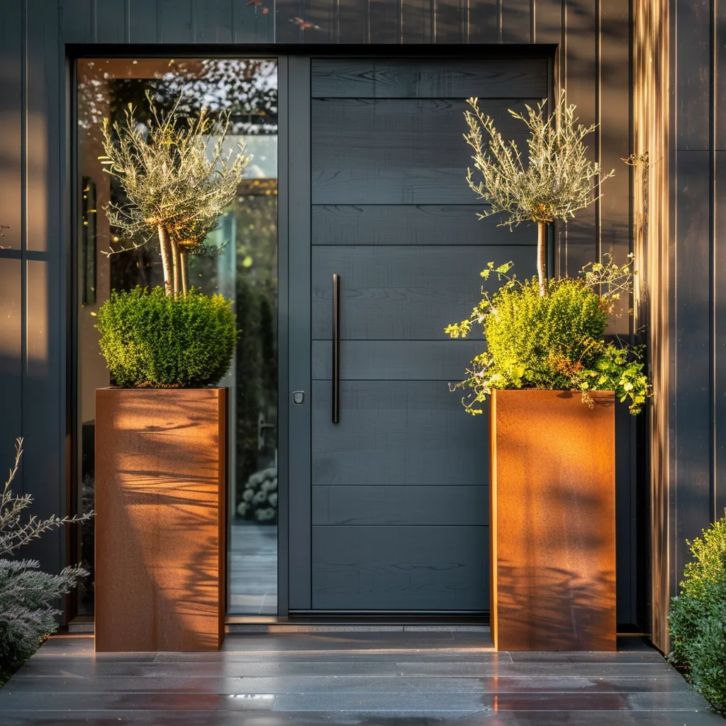Pair of tall weathering steel garden planters at contemporary house entrance with Laurus nobilis standards
