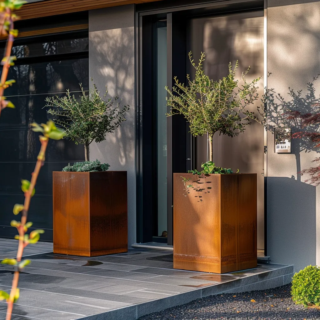 Garden entrance design with corten steel column planters on dark render facade with concrete path