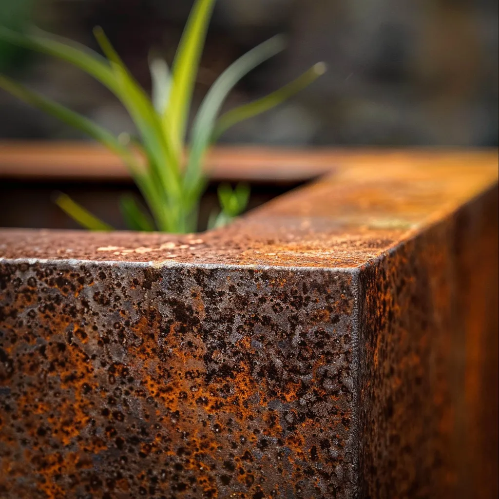 Weathering steel garden container surface detail with layered iron oxide patina in warm tones