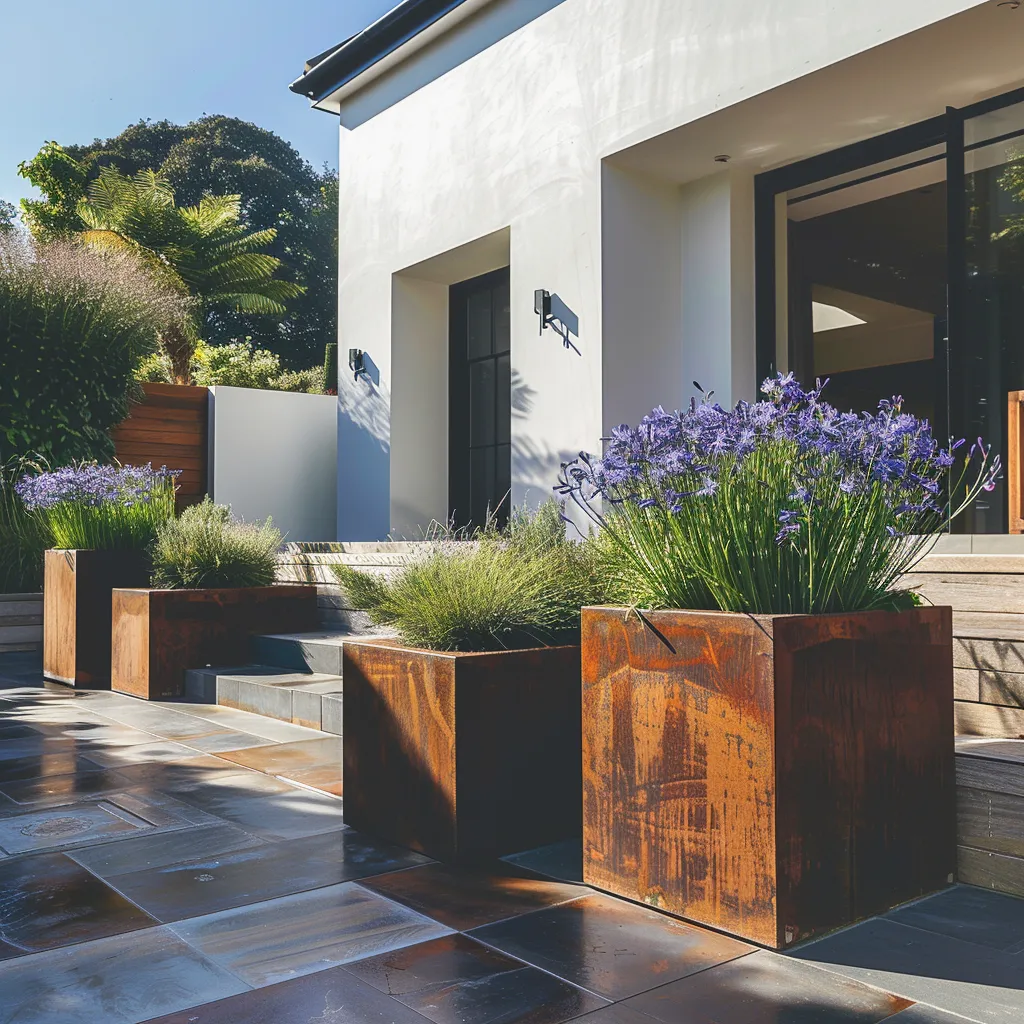 Contemporary courtyard with matching weathering steel planters at varied heights on dark porcelain paving
