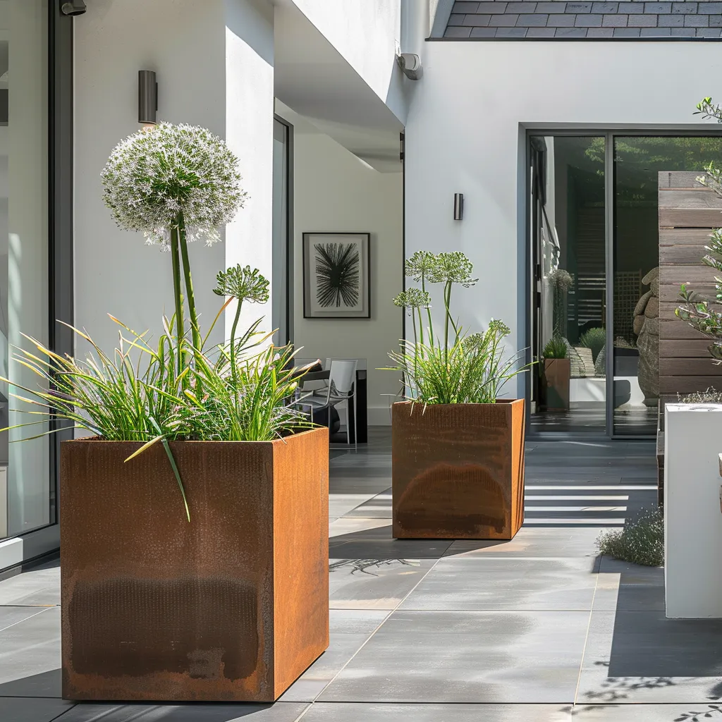 Outdoor terrace garden design featuring three corten steel cubes with ornamental grass and Agapanthus