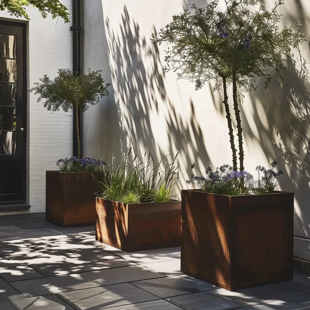 Modern courtyard corten steel garden planter composition with hard landscaping and architectural container plants
