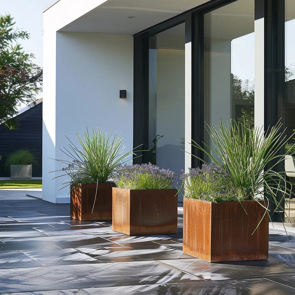 Corten steel planter ideas for courtyard terrace garden design with repeated cube format and Agapanthus planting