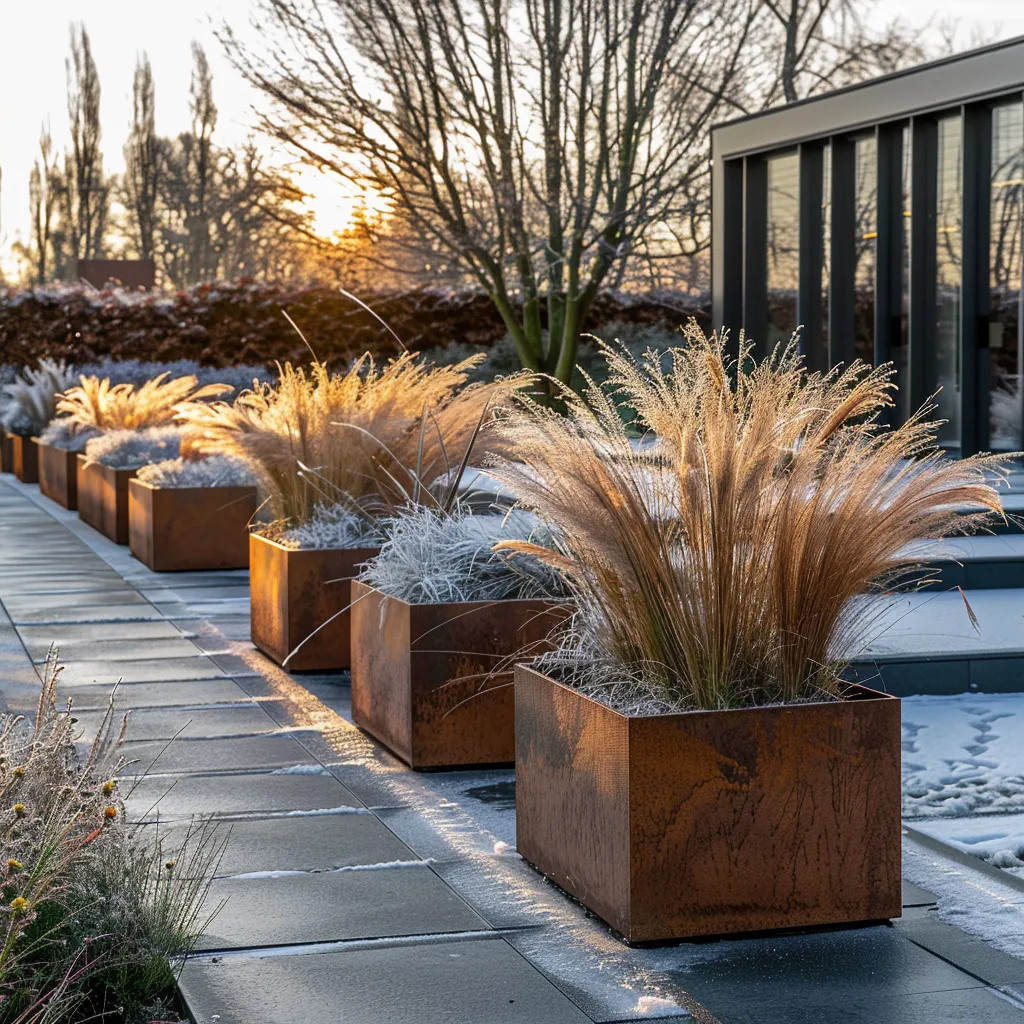 Corten steel planter garden design ideas using repeated rectangular planters with Miscanthus in winter landscape