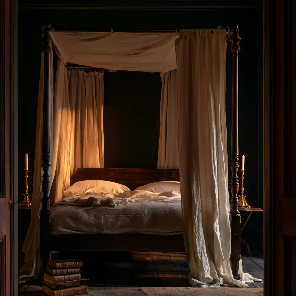 moody bedroom dark academia style charcoal walls linen canopy editorial
