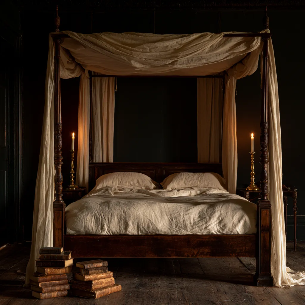 dark academia bedroom aesthetic four poster bed charcoal walls cream linen