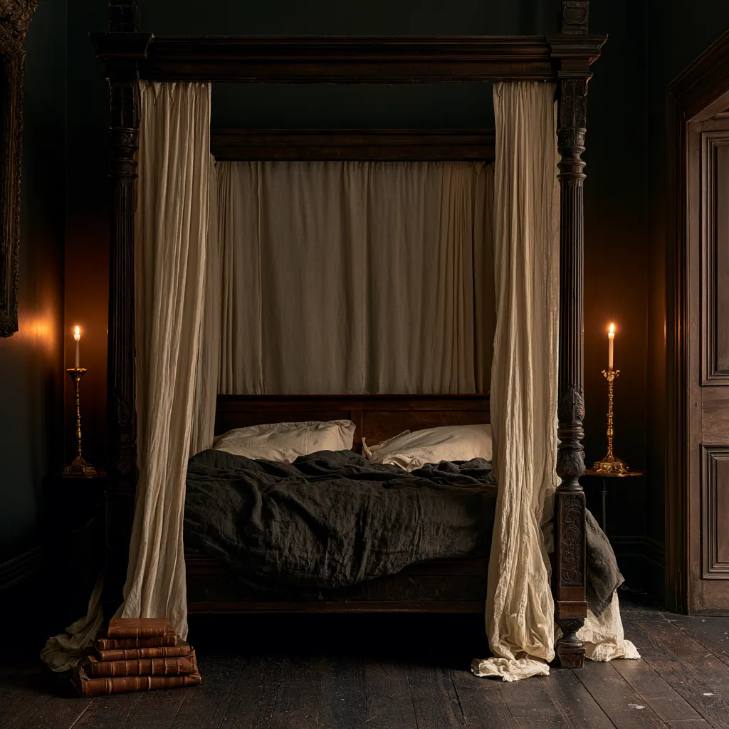 dark academia bedroom design charcoal antique four poster brass lamps