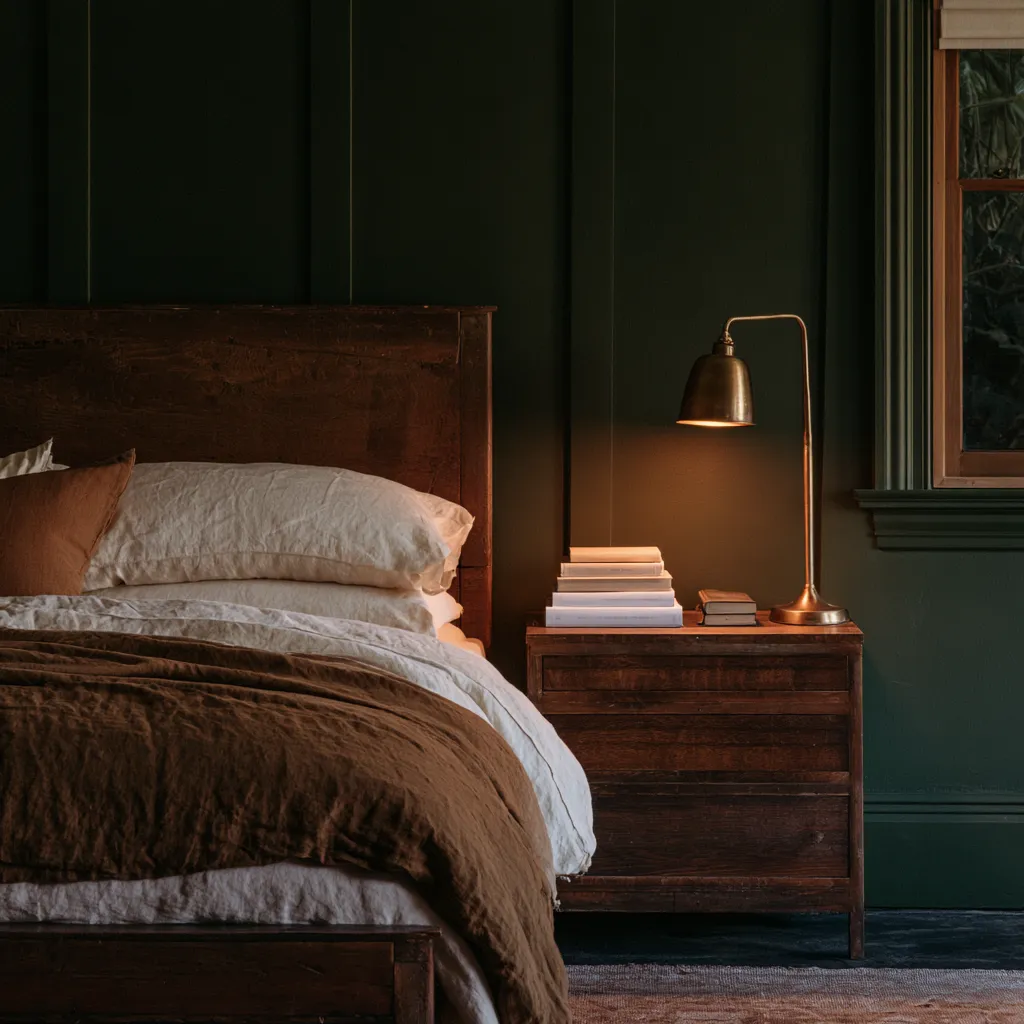 dark academia bedroom aesthetic green walls antique wood brass lamp
