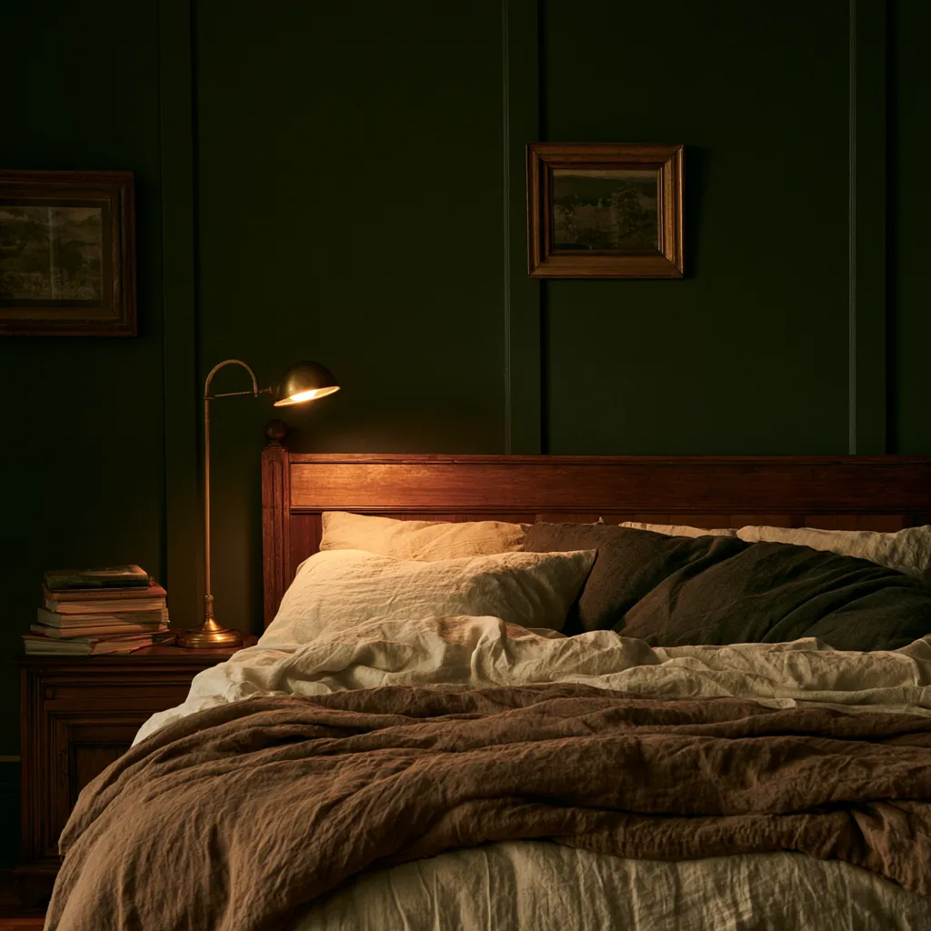 dark academia bedroom decor layered linen books amber light