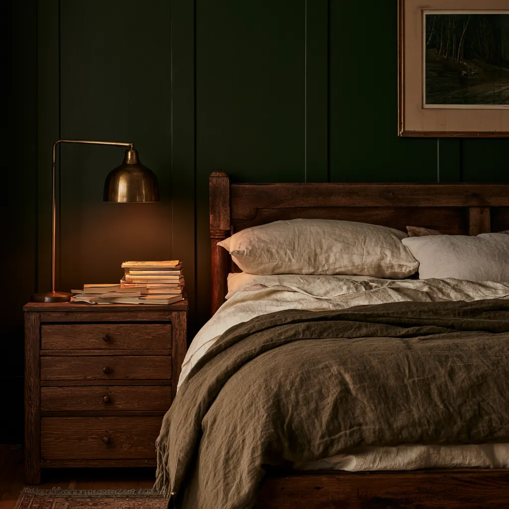 moody dark academia bedroom design forest green editorial photography