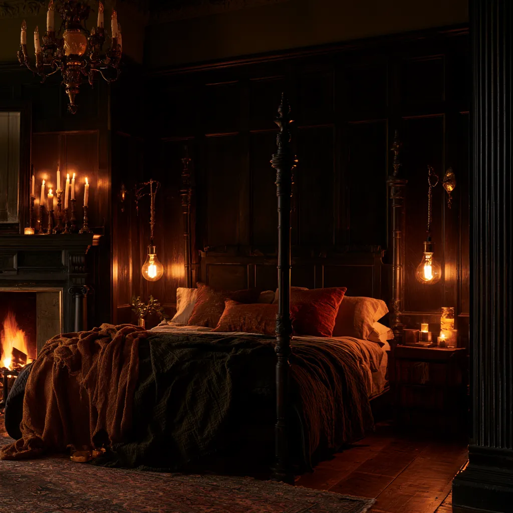 dark academia aesthetic bedroom multiple warm light sources layered pools