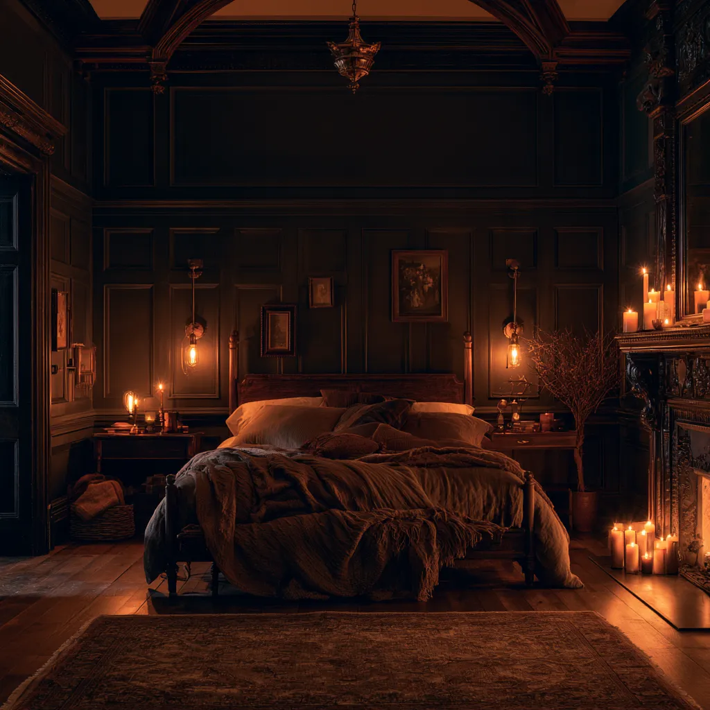 moody dark academia bedroom light design brass bedside lamps candles
